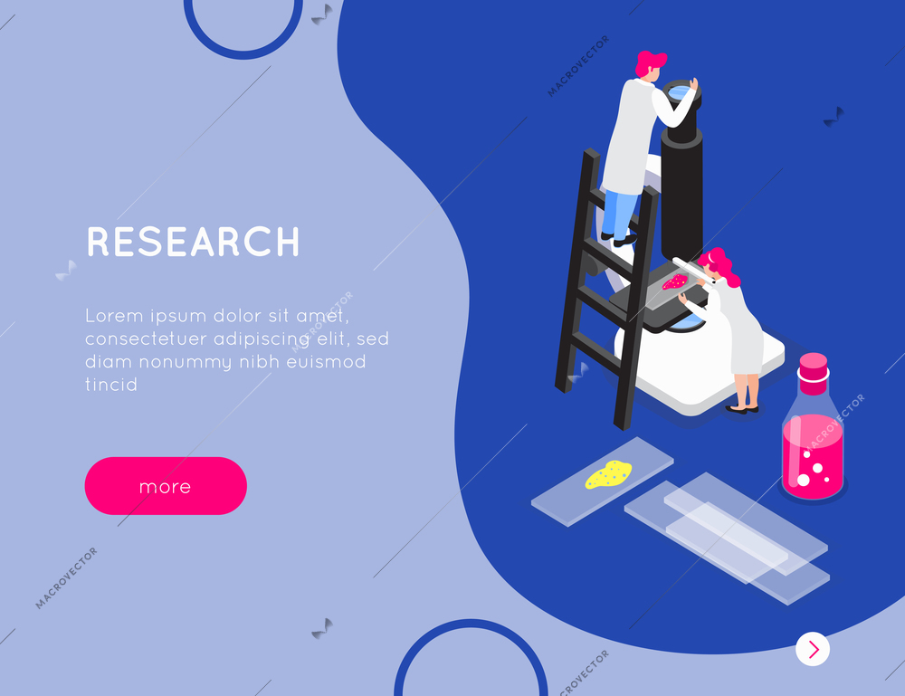 Chemistry isometric composition with editable text clickable more button and characters of scientists with test materials vector illustration