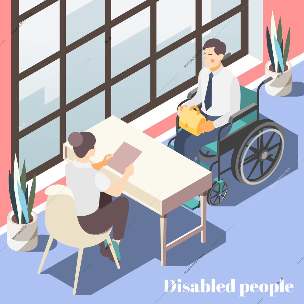 Disabled people isometric poster with female manager talking to male person in wheelchair in office interior vector illustration