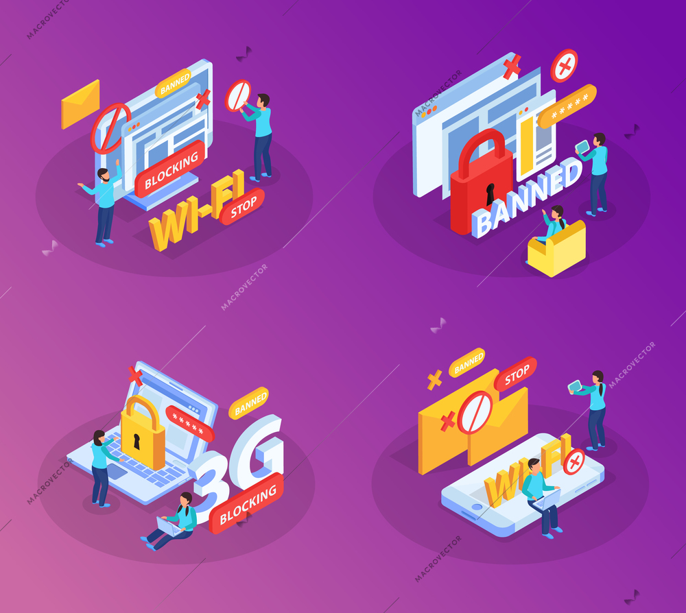 Blocking internet websites users devices from wifi network concept 4 isometric compositions with lock symbols vector illustration