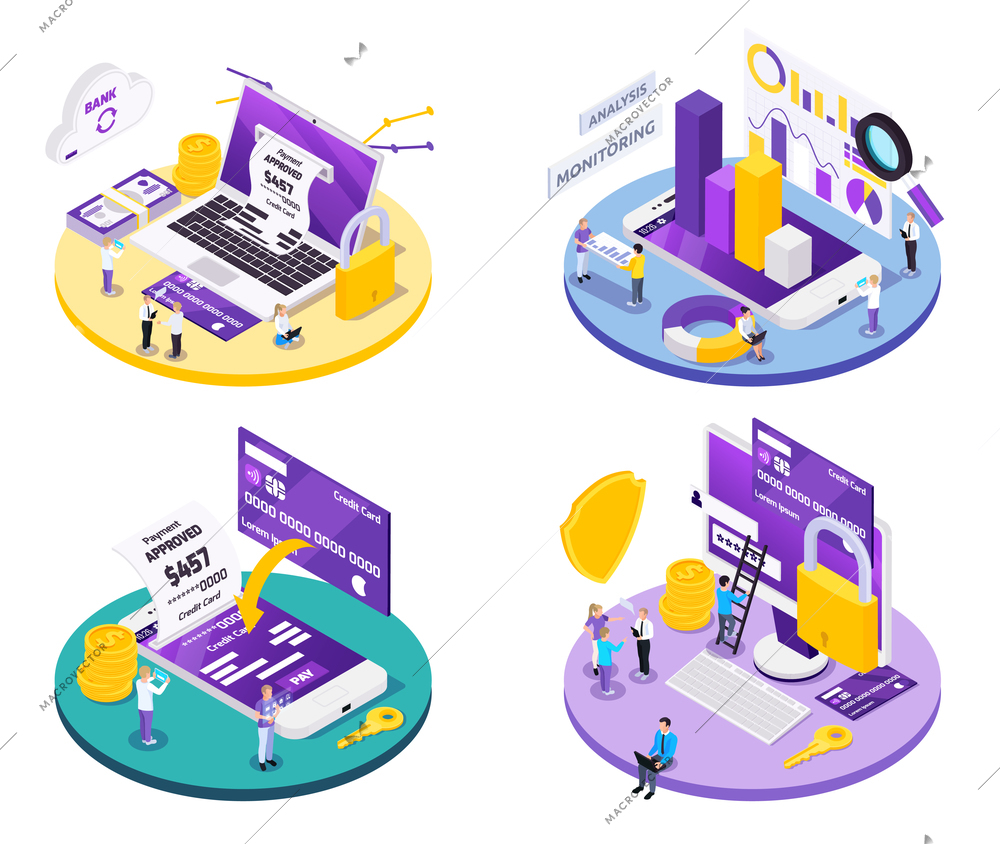 Online payment isometric design concept with four compositions of icons and financial pictograms with human characters vector illustration