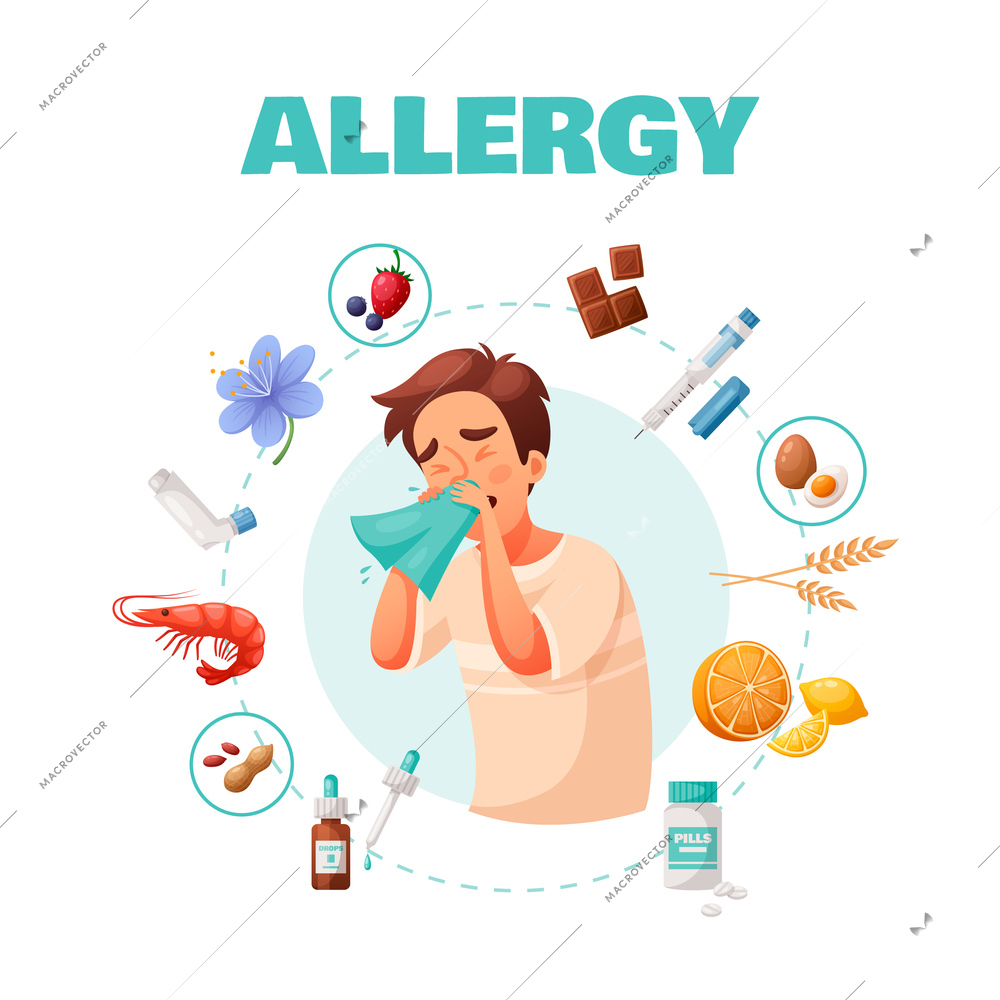 Allergy concept with symptoms treatment and common allergens symbols cartoon vector illustration