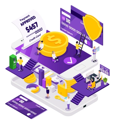 Online payment isometric composition with multiple smartphones and human characters with icons of coins and cards vector illustration