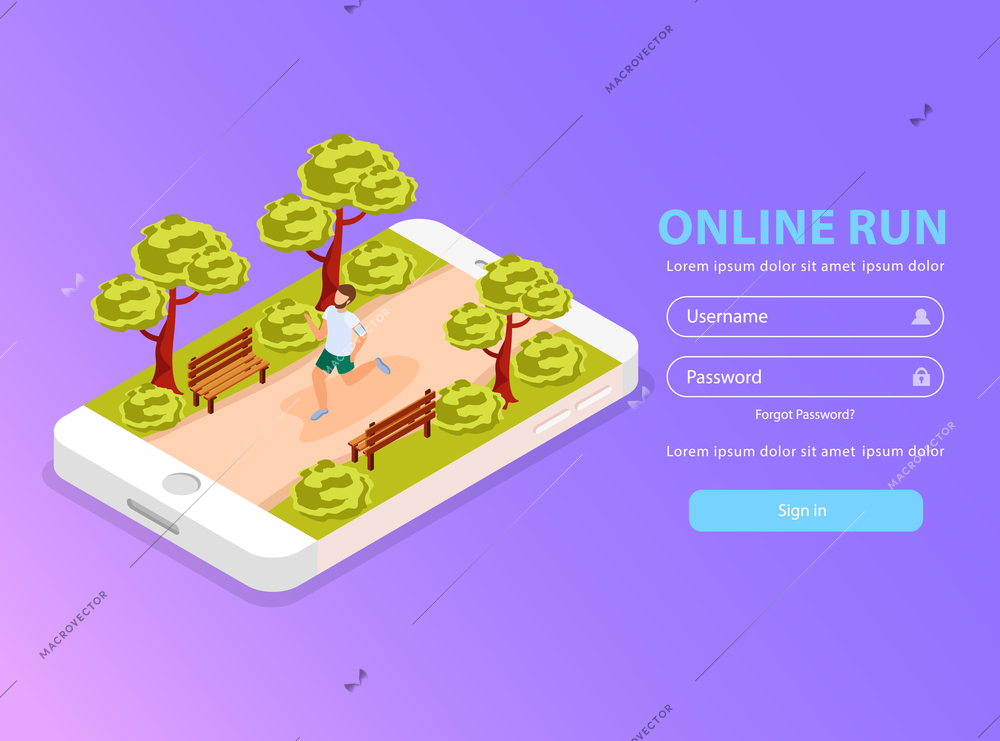 City runners community isometric landing page with training program tracking  workouts reaching personal fitness goals vector illustration