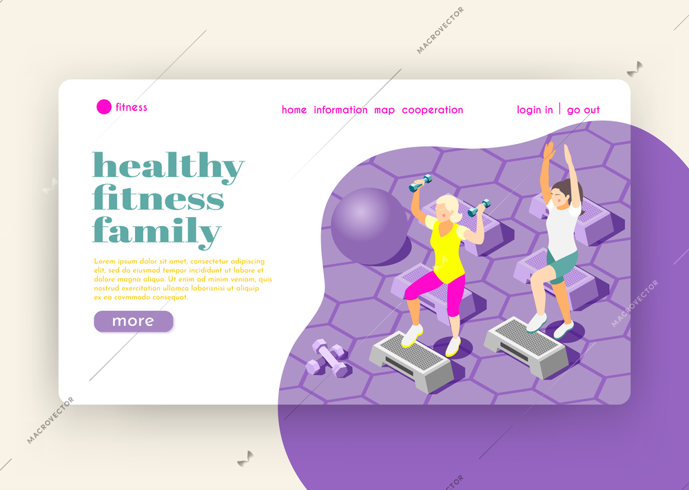 Healthy family fitness isometric landing page with female characters doing exercises in gym hall flat vector illustration