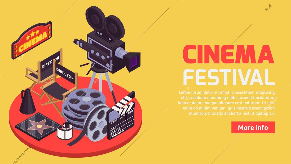 Cinema horizontal banner with isometric images of professional movie making tools with editable text and button vector illustration