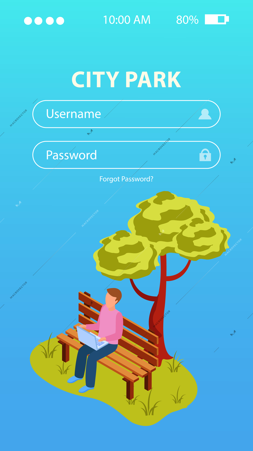 City park mobile login screen isometric background composition with man under tree working on laptop vector illustration