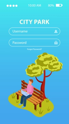 City park mobile login screen isometric background composition with man under tree working on laptop vector illustration