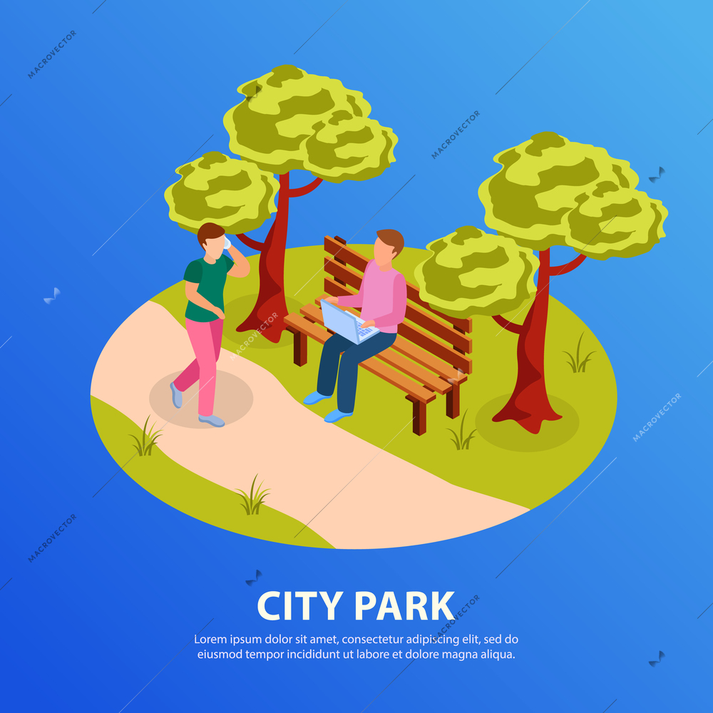 City park round isometric background composition poster with people jogging along path working on laptop vector illustration