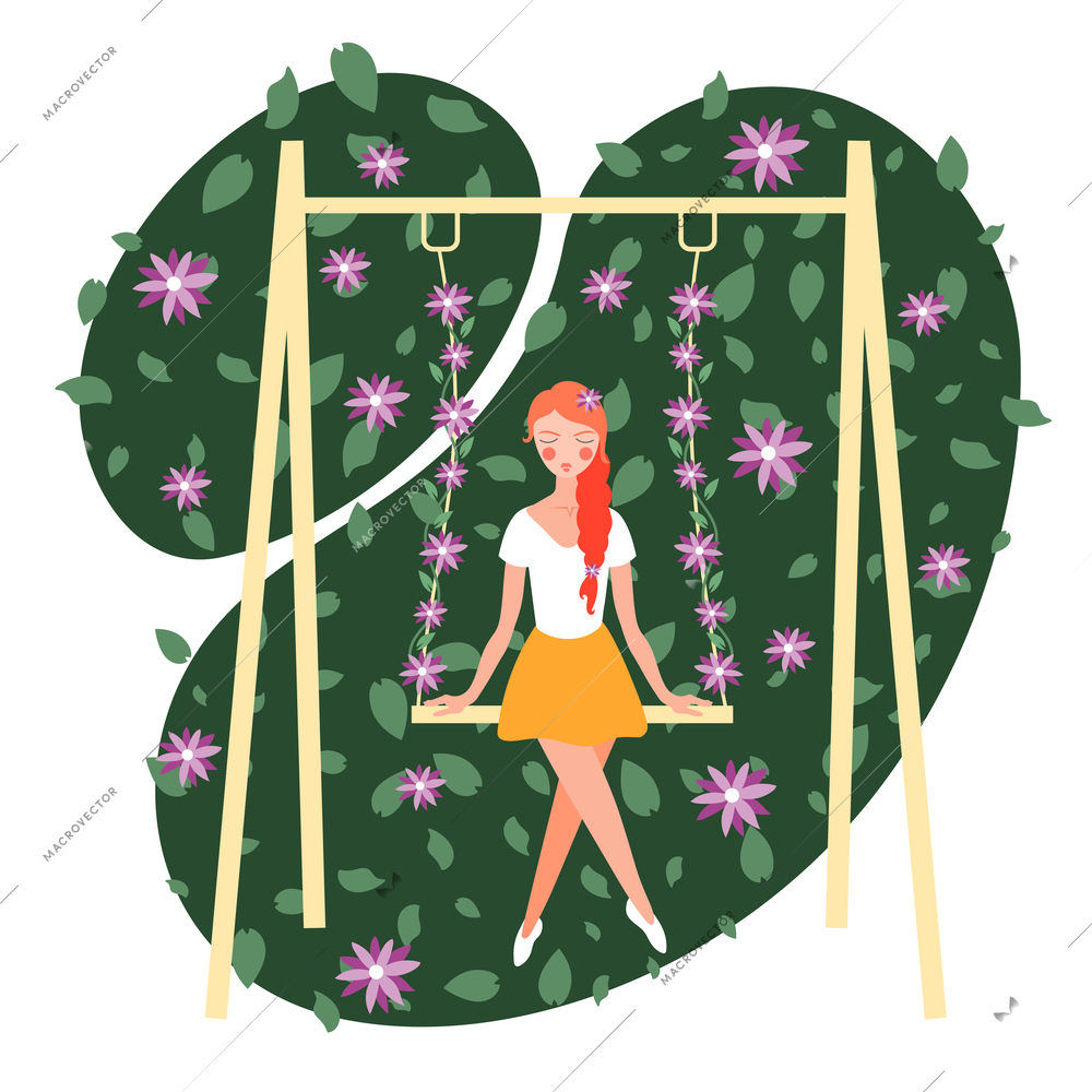 Flower girl sitting on swing flat abstract composition with ornamental green spots blooming plants background vector illustration