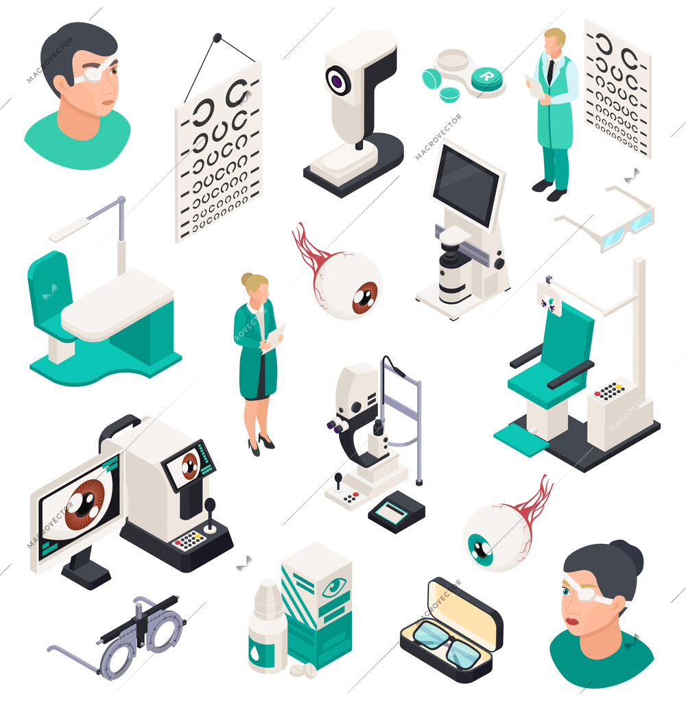 Ophthalmology isometric collection of icons and compositions with professional eye treatment tools human heads and furniture vector illustration