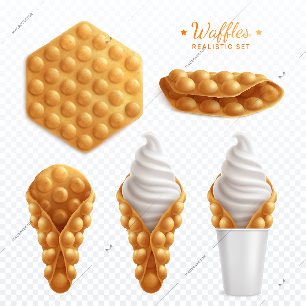 Bubble hong kong waffles realistic set of isolated images on transparent background with cream and text vector illustration