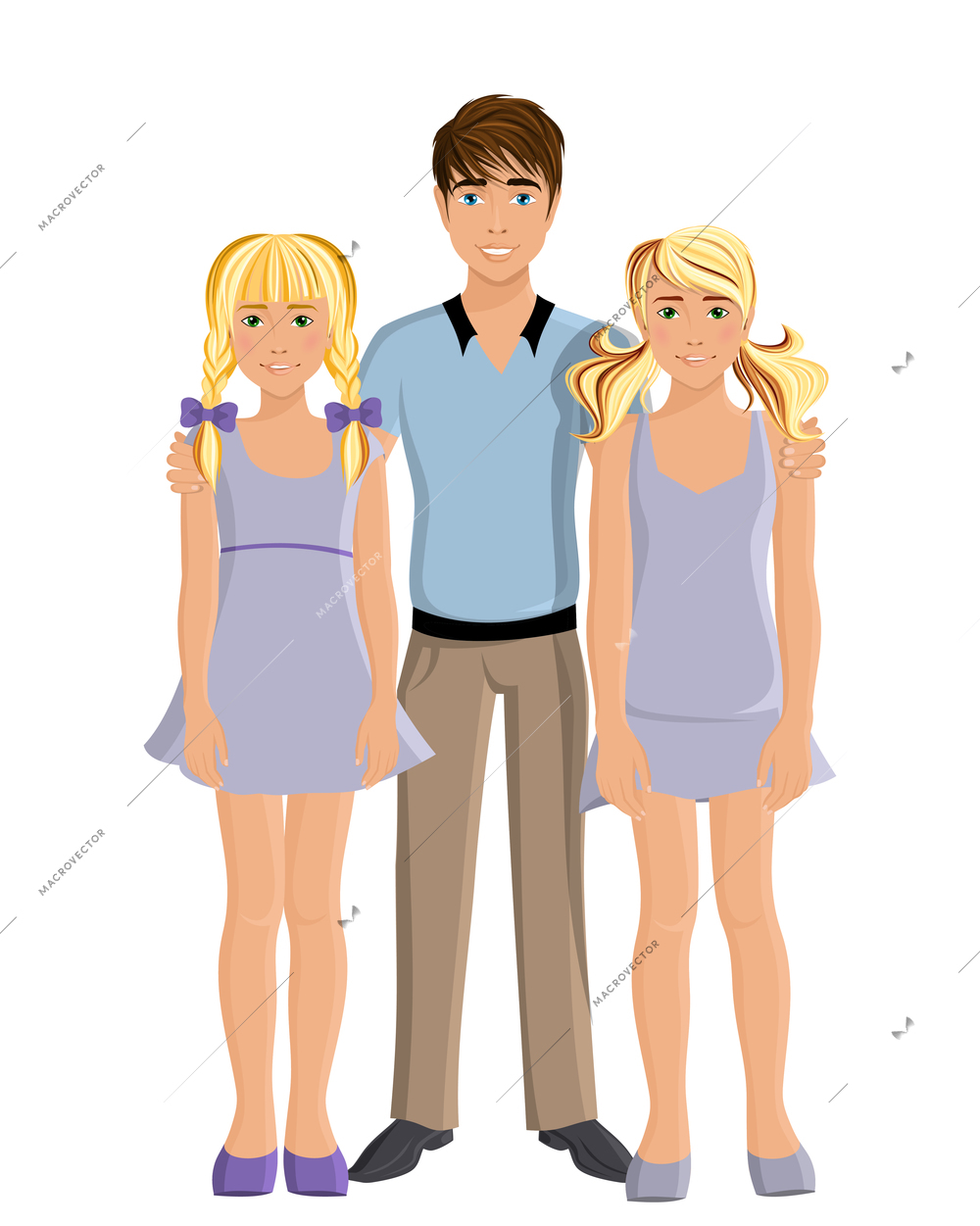 Brother and two twin sisters young kids teenagers portrait on white background vector illustration