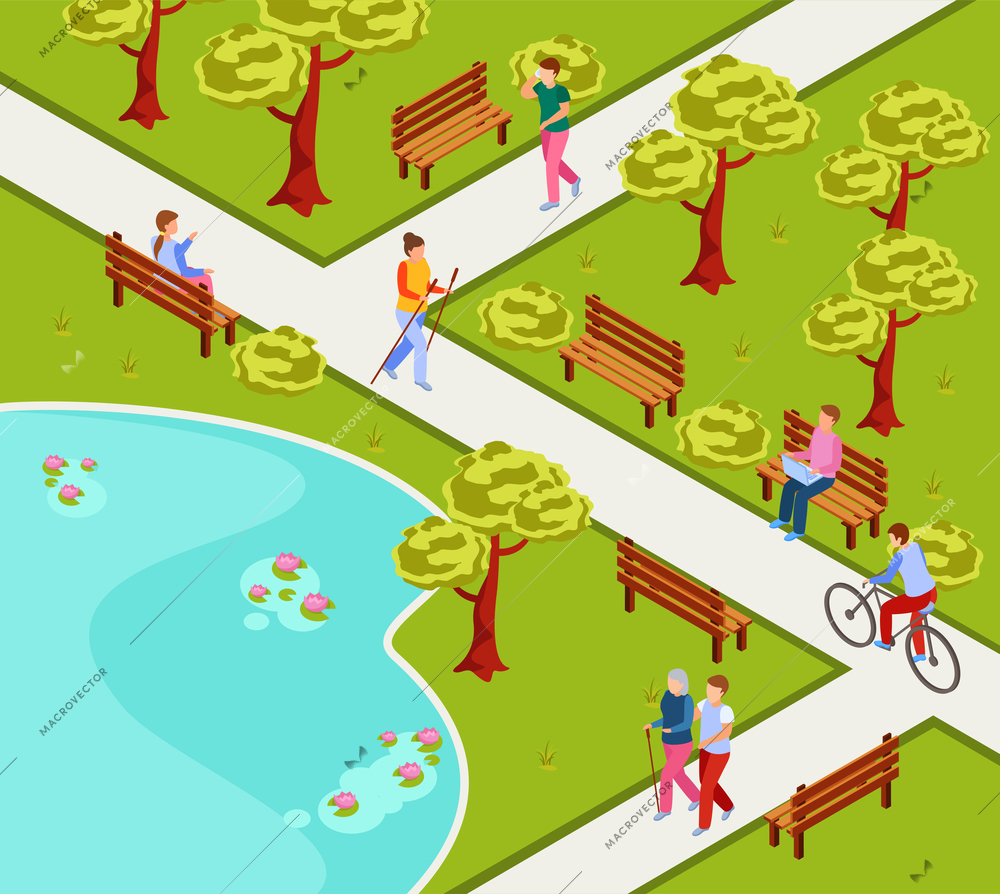 City park isometric composition with people nordic walking cycling reading working on laptop on bench vector illustration