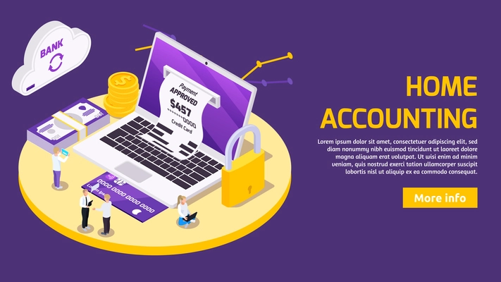 Online payment isometric banner with conceptual icons and symbols of cloud sync bank accounts with text vector illustration