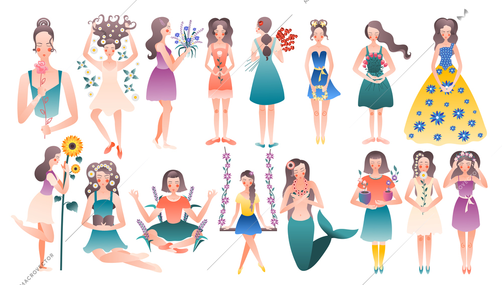 Flower girls 2 rows set with young ladies holding decorated and surrounded with blooming plants vector illustration