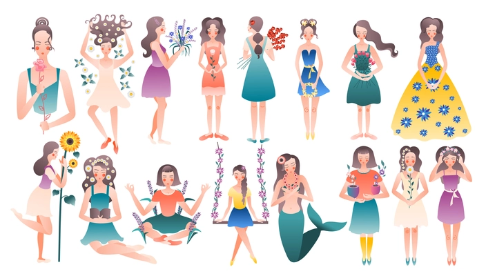 Flower girls 2 rows set with young ladies holding decorated and surrounded with blooming plants vector illustration