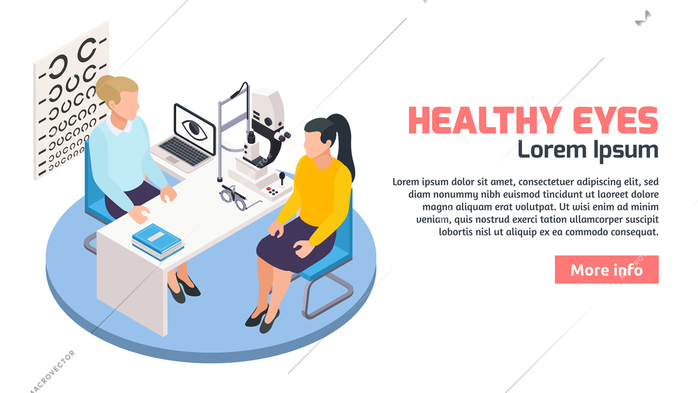 Ophthalmology isometric horizontal banner with composition of button editable text patient and specialist at doctors office vector illustration