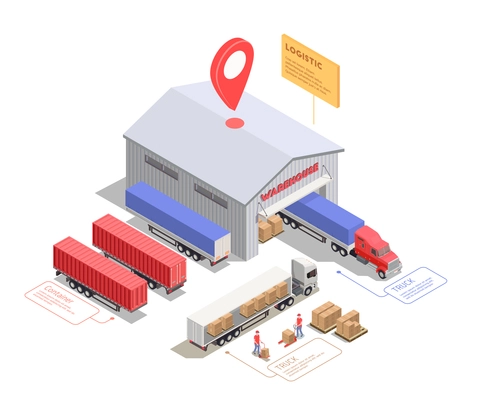 Isometric composition with trucks and containers near warehouse building and workers loading cargo 3d vector illustration