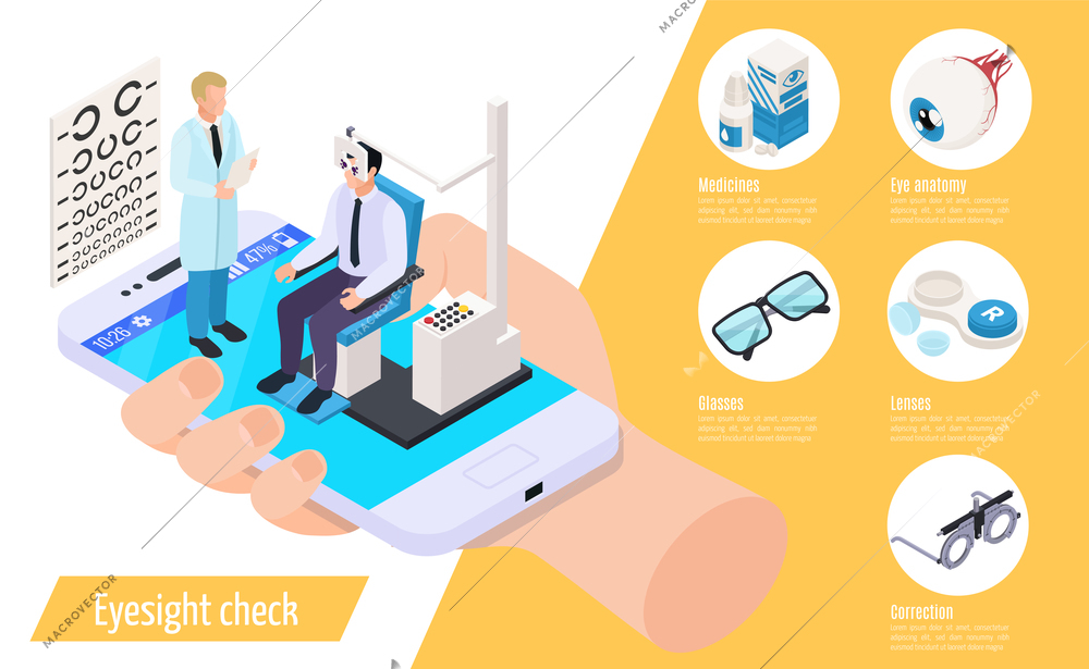 Ophthalmology isometric composition with images of hand holding smartphone doctor and patient characters with round icons vector illustration