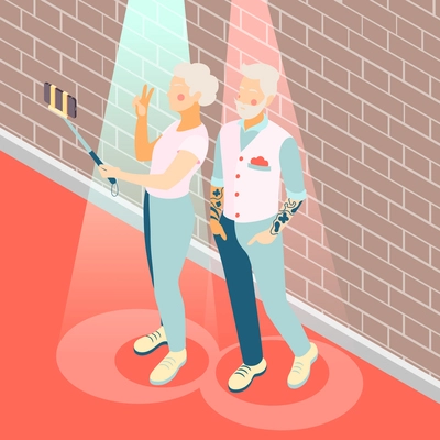 Modern elderly people isometric background with couple of seniors taking selfie vector illustration