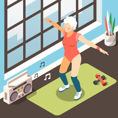 Longevity isometric background with modern elderly woman in suit for fitness doing physical exercises under musical accompaniment vector illustration