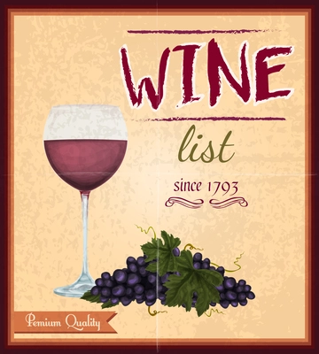 Wine drink list card menu template with glass of rose retro poster vector illustration