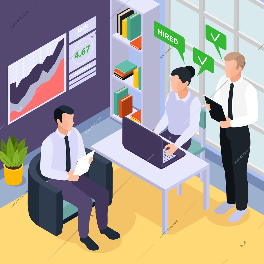 Social credit score system isometric composition with indoor view of office and authorities firing their employee vector illustration