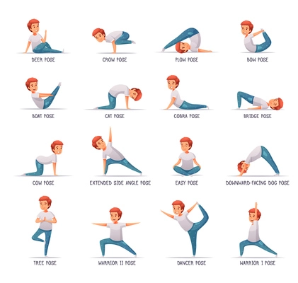 Kids yoga icons set with poses symbols cartoon isolated vector illustration