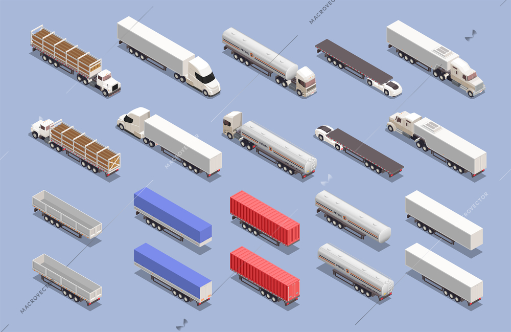 Isometric set of colorful icons with cargo transport trucks and trailers isolated on blue background 3d vector illustration