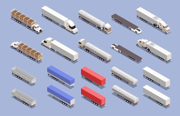 Isometric set of colorful icons with cargo transport trucks and trailers isolated on blue background 3d vector illustration