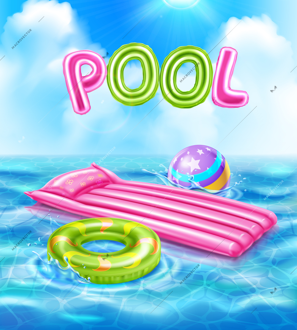 Pool realistic poster with inflatable accessories for kids swimming on blue waves realistic vector illustration