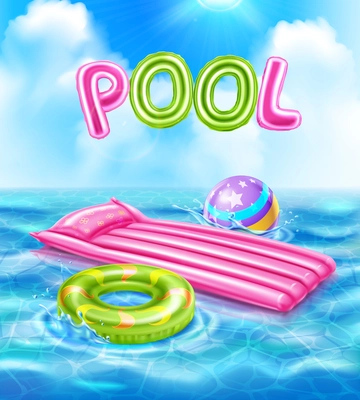 Pool realistic poster with inflatable accessories for kids swimming on blue waves realistic vector illustration