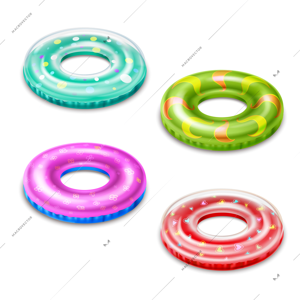 Four colorful inflatable swimming accessories in form of lifebuoys isolated on white background realistic vector illustration