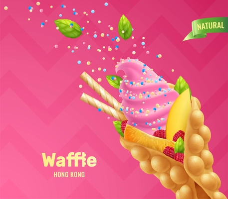 Bubble hong kong waffles realistic composition with fruits berries and colourful grain sugar with editable text vector illustration