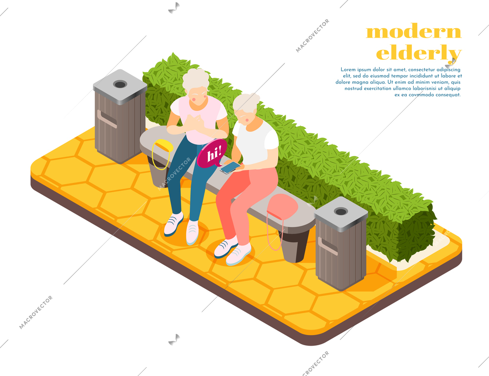 Modern elderly people isometric composition with two women sitting on bench learning to send sms vector illustration