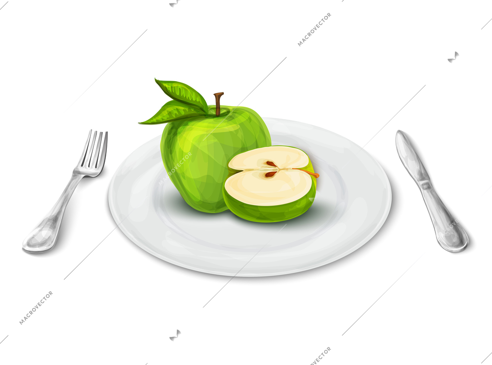 White realistic dinner plate with apple and knife and fork isolated on white background vector illustration