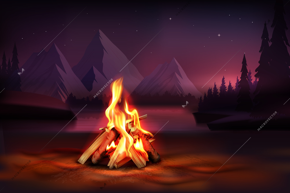 Night composition with burning campfire on mountains and forest background realistic  vector illustration