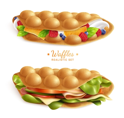 Set with two realistic images of bubble hong kong waffles sandwiches on blank background with text vector illustration