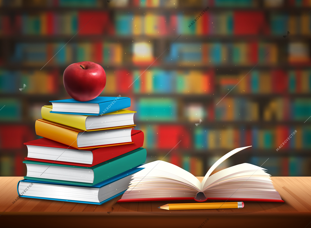 Back to school background with books pencil and apple on table in library realistic vector illustration