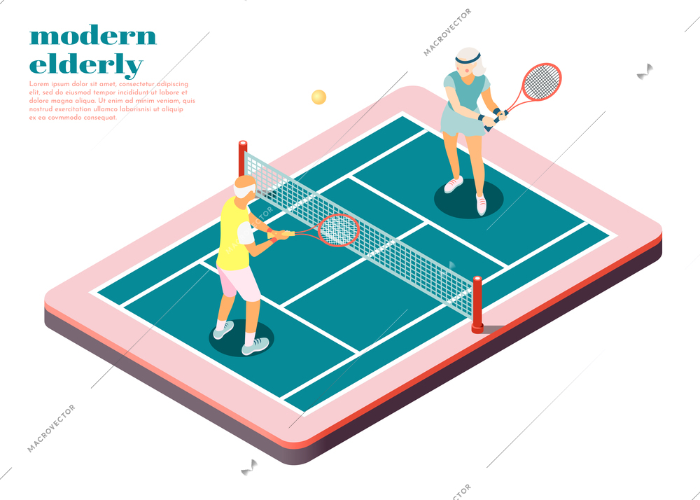 Modern elderly people isometric composition with male and female persons playing tennis on court vector illustration