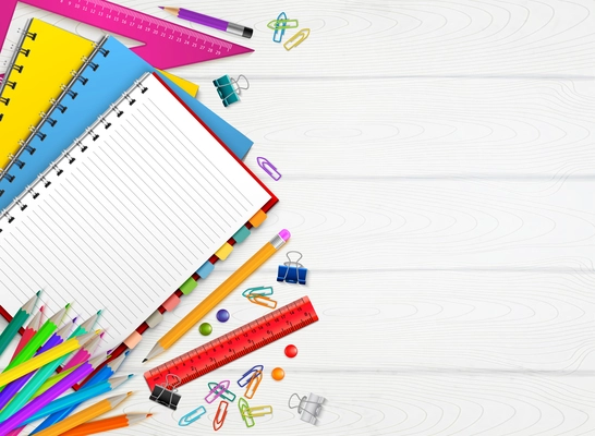 Back to school realistic background with colorful stationary on wooden surface vector illustration