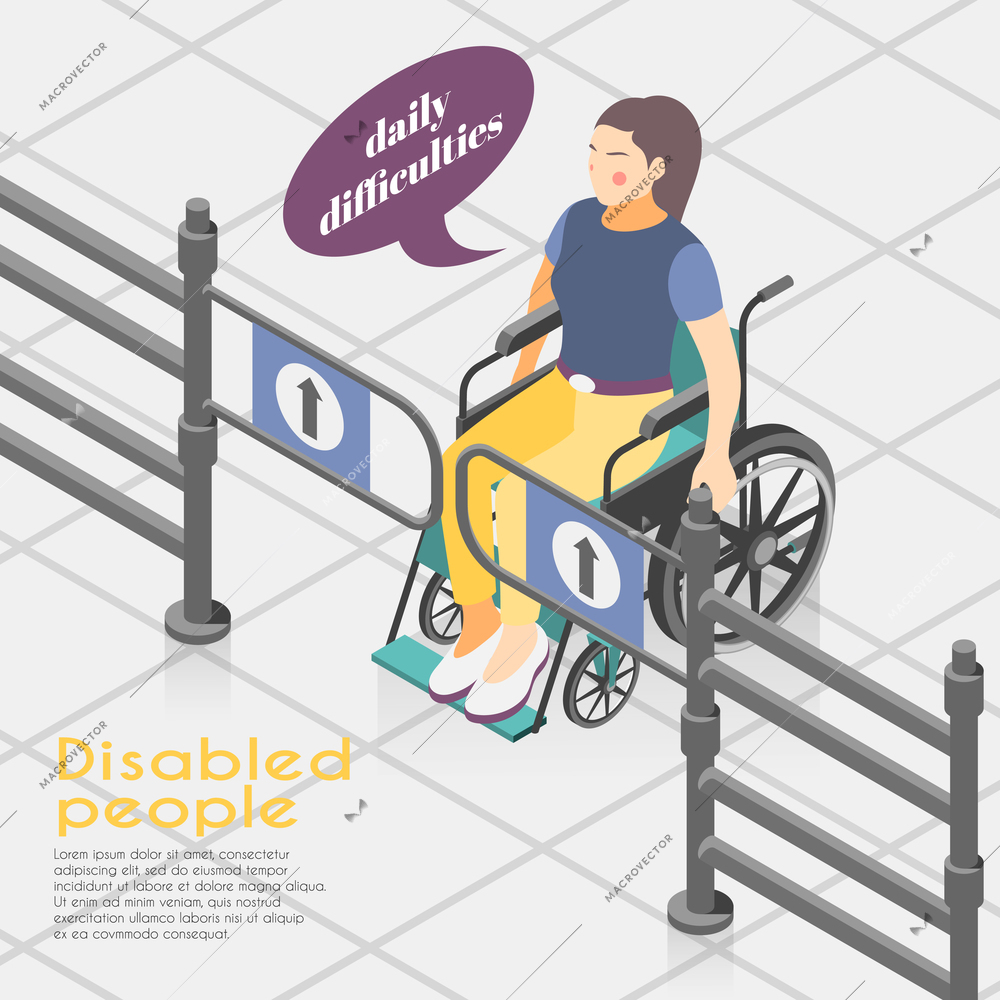 Disabled people difficulties isometric background composition with wheelchair bound woman unable to open entrance gates vector illustration