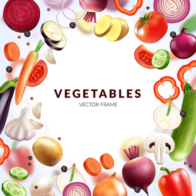 Realistic vegetables frame with empty space for editable text and round composition of fresh fruit slices vector illustration