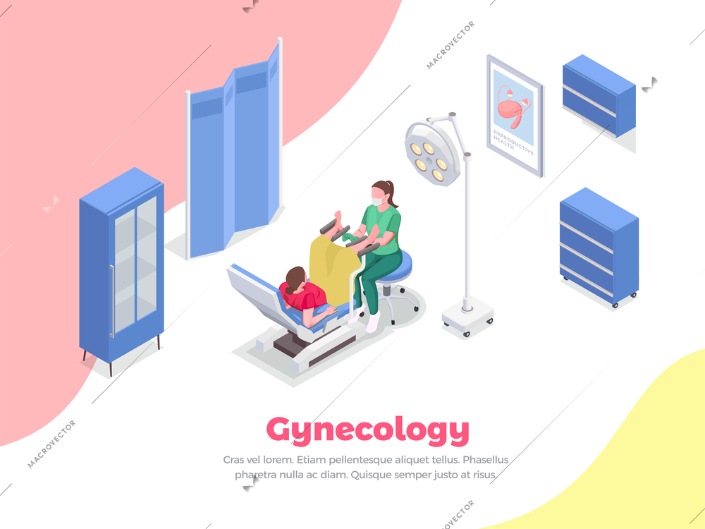 Pregnancy isometric composition with gynecologist examining woman 3d vector illustration