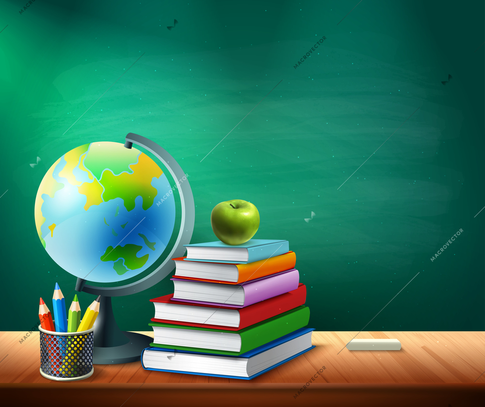 Back to school background with books pencils pot globe on table in classroom realistic vector illustration
