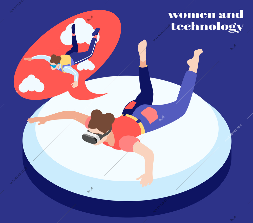 Women and technology isometric background girl with glasses of virtual reality flying in clouds vector illustration