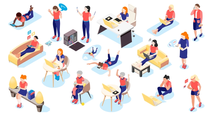 Women and technology isometric icons set of female characters with smartphones and other gadgets isolated vector illustration