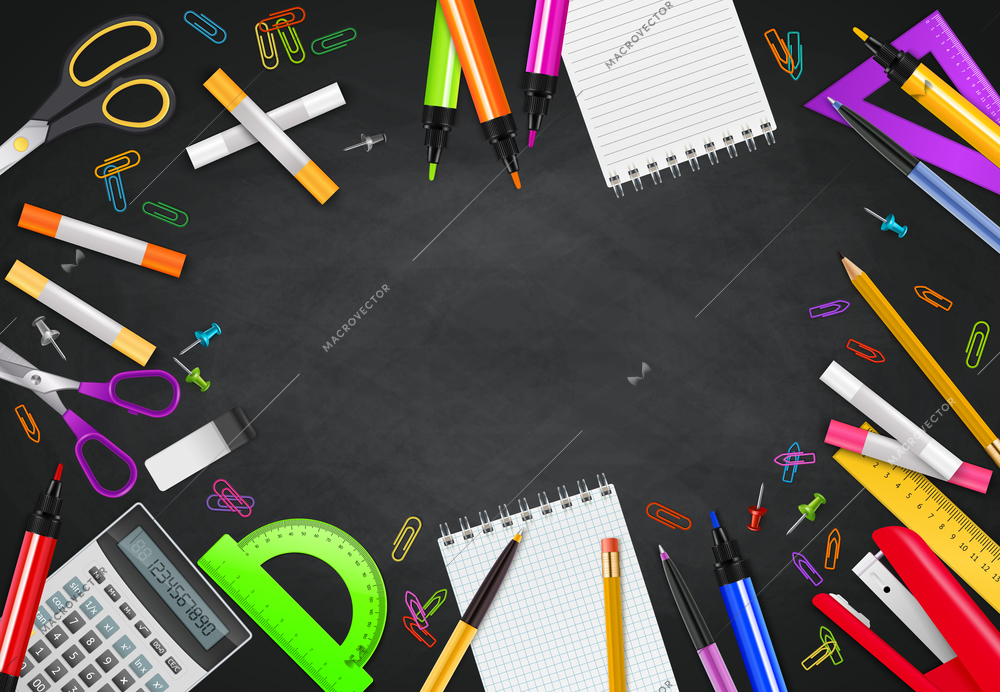 Back to school black chalk board background with different stationary objects realistic vector illustration