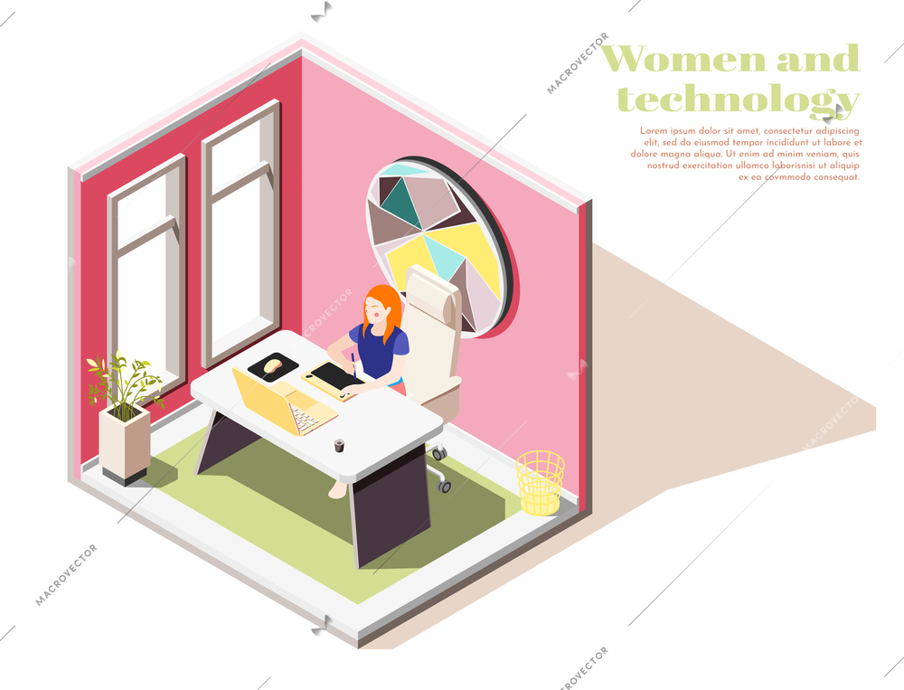 Women and technology isometric composition with young girl at workplace in office interior vector illustration