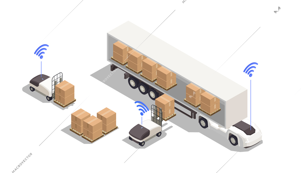 Isometric composition with automated forklifts loading cardboard boxes into truck on white background 3d vector illustration